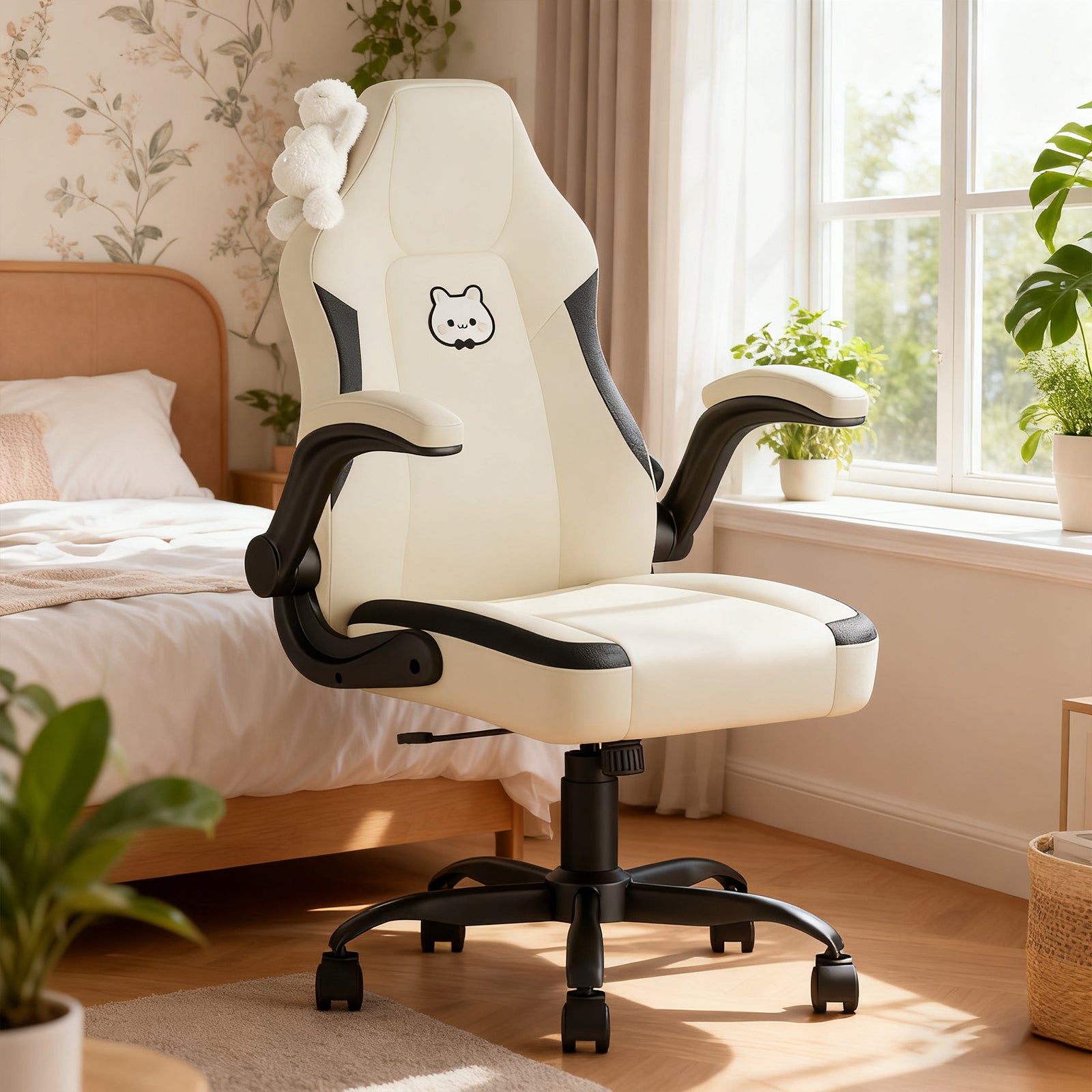 Submi Desk Chair, Ergonomic Office Chair for Adults, Computer Chair with Lumbar Support & Flip-up Armrests, PU Leather Office